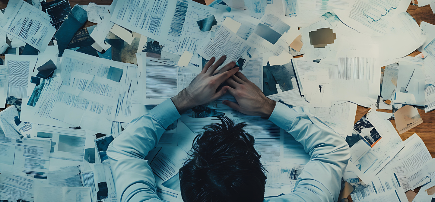 Overhead view of a person at a desk surrounded by stacks of documents and forms — symbolising CBAM reporting and administrative pressure.
