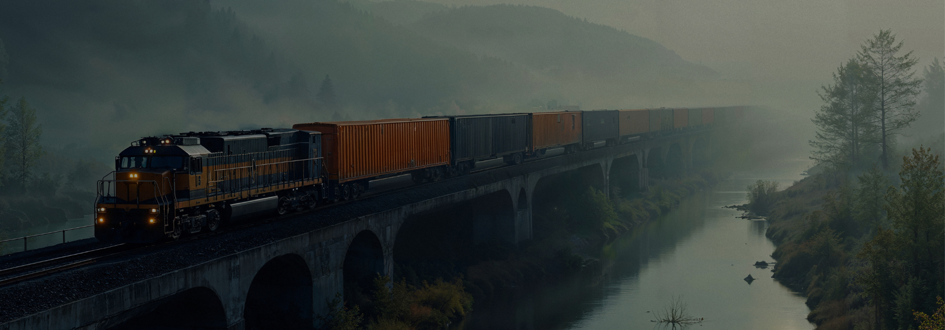 Freight train carrying shipping containers traveling over a railway bridge in a misty landscape.